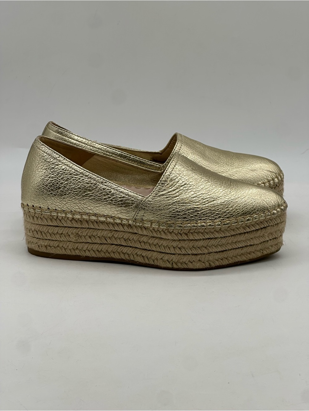 Miu Miu Gold Metallic Coarse Espadrille Platform Loafers. Size 8